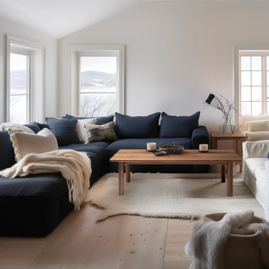 Refined coffee table with smooth edges and minimalist design in a dark blue modern living room