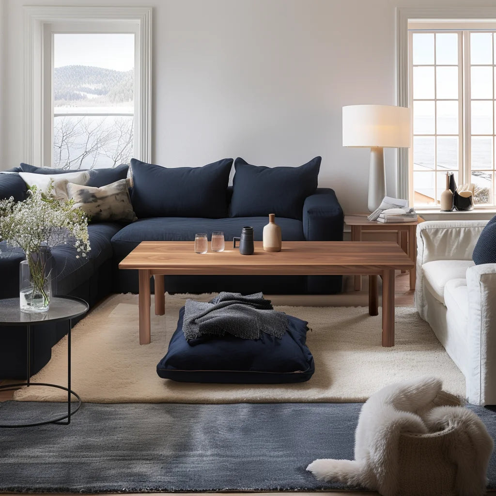 Refined coffee table with smooth edges and minimalist design in a dark blue modern living room