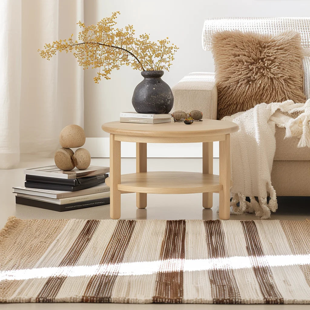 Round side table with shelf placed between two armchairs in neutral room