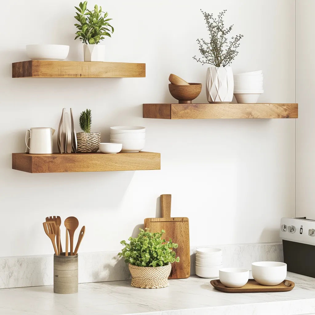 Rustic Wooden Floating Shelf with natural wood grain finish and decor items.