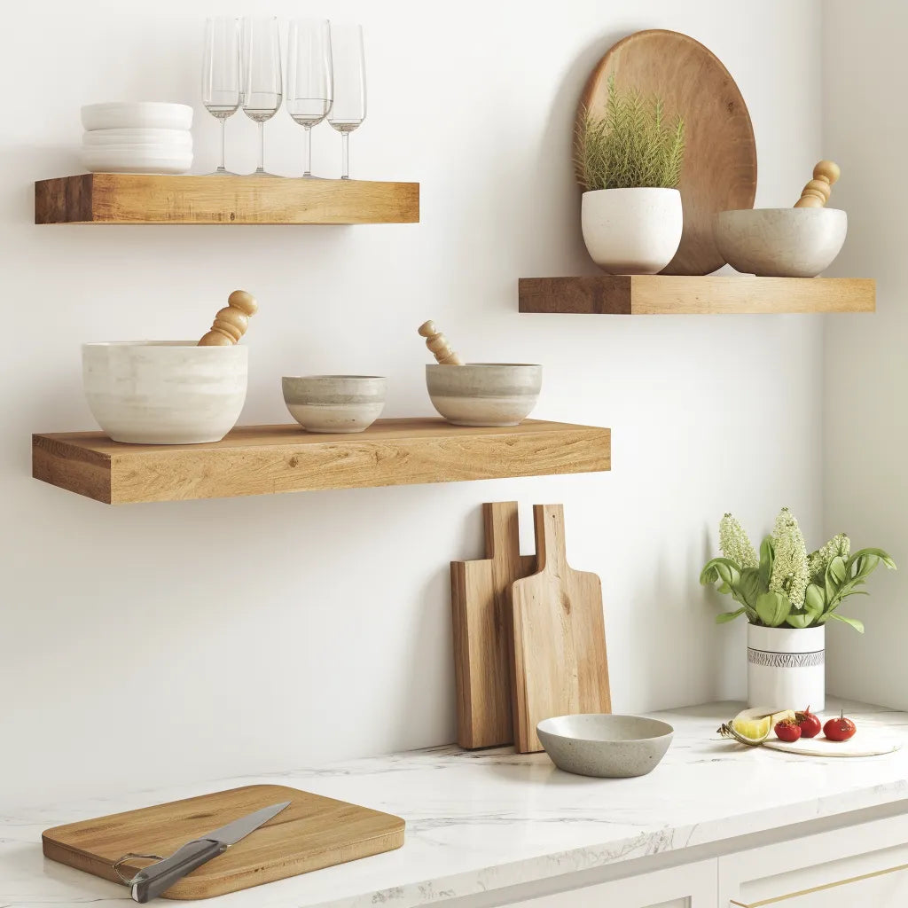 Rustic Wooden Floating Shelf with natural wood grain finish and decor items.