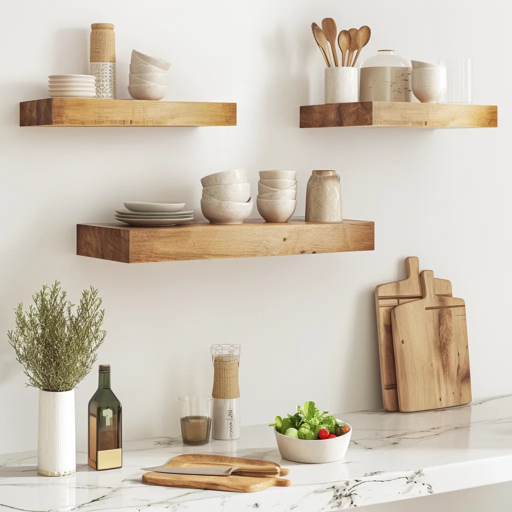 Rustic Wooden Floating Shelf with natural wood grain finish and decor items.