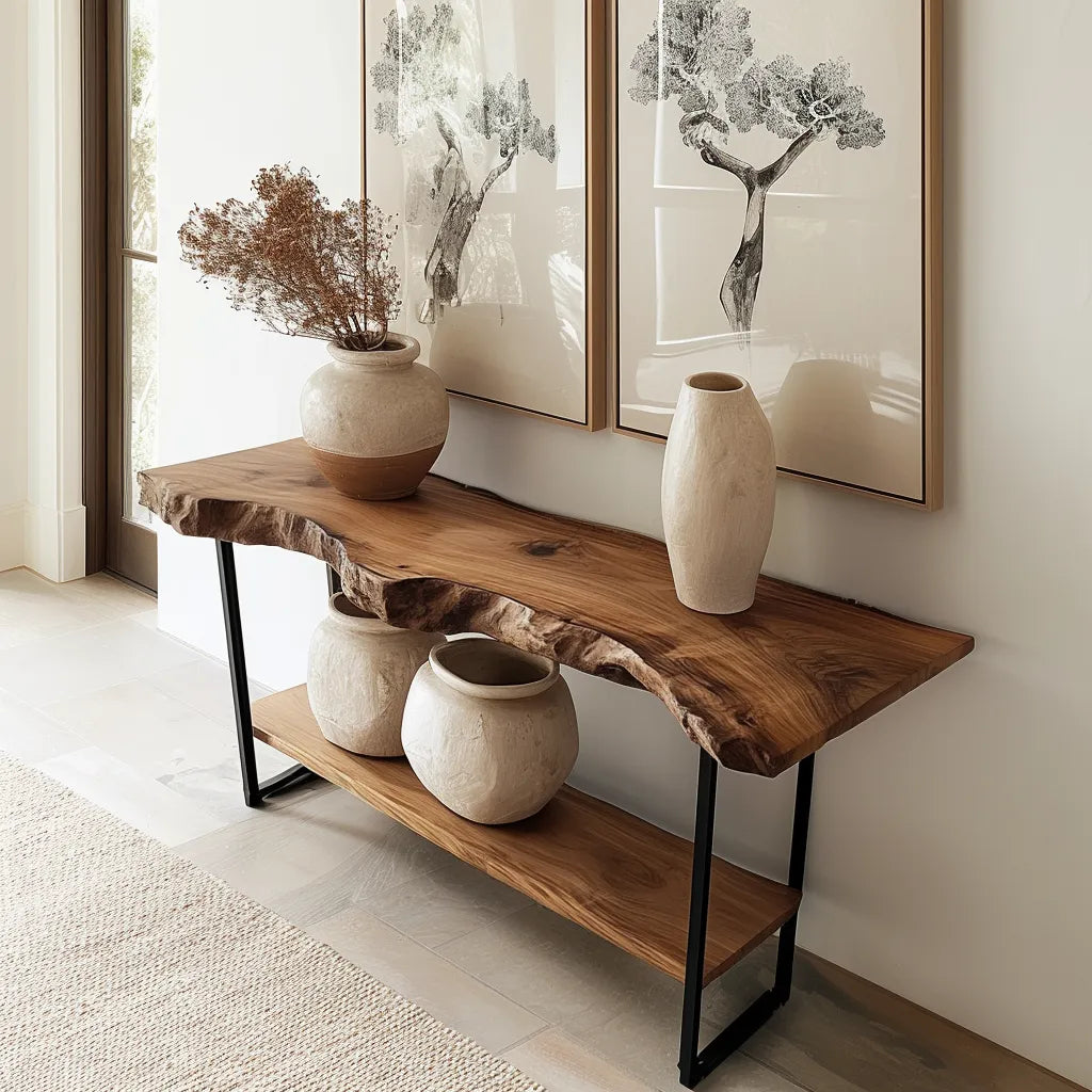 Rustic live edge console table with metal frame and wooden slab top.