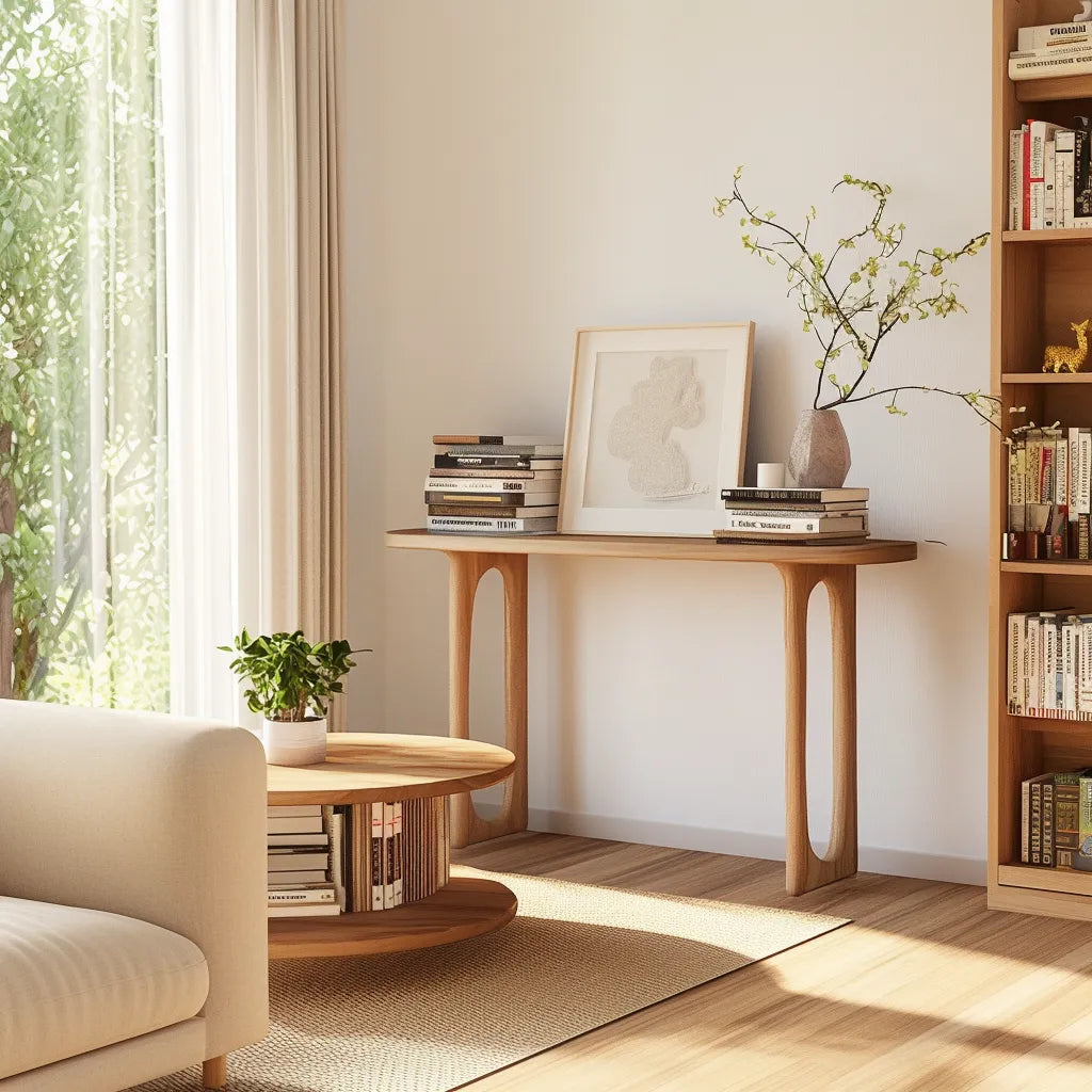 Sculpted Console Table with cut-out legs styled in a cozy modern living room