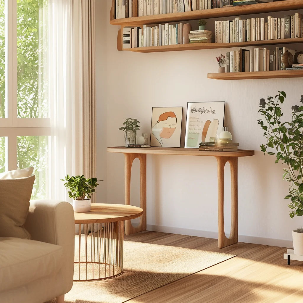 Sculpted Console Table with cut-out legs styled in a cozy modern living room