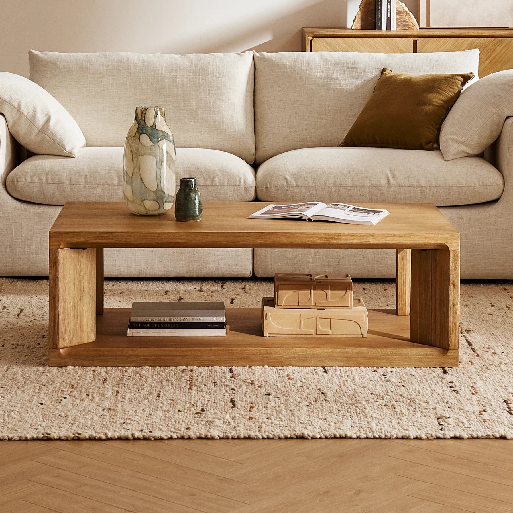 Spacious rectangular coffee table and lower storage shelf for a clutter free space