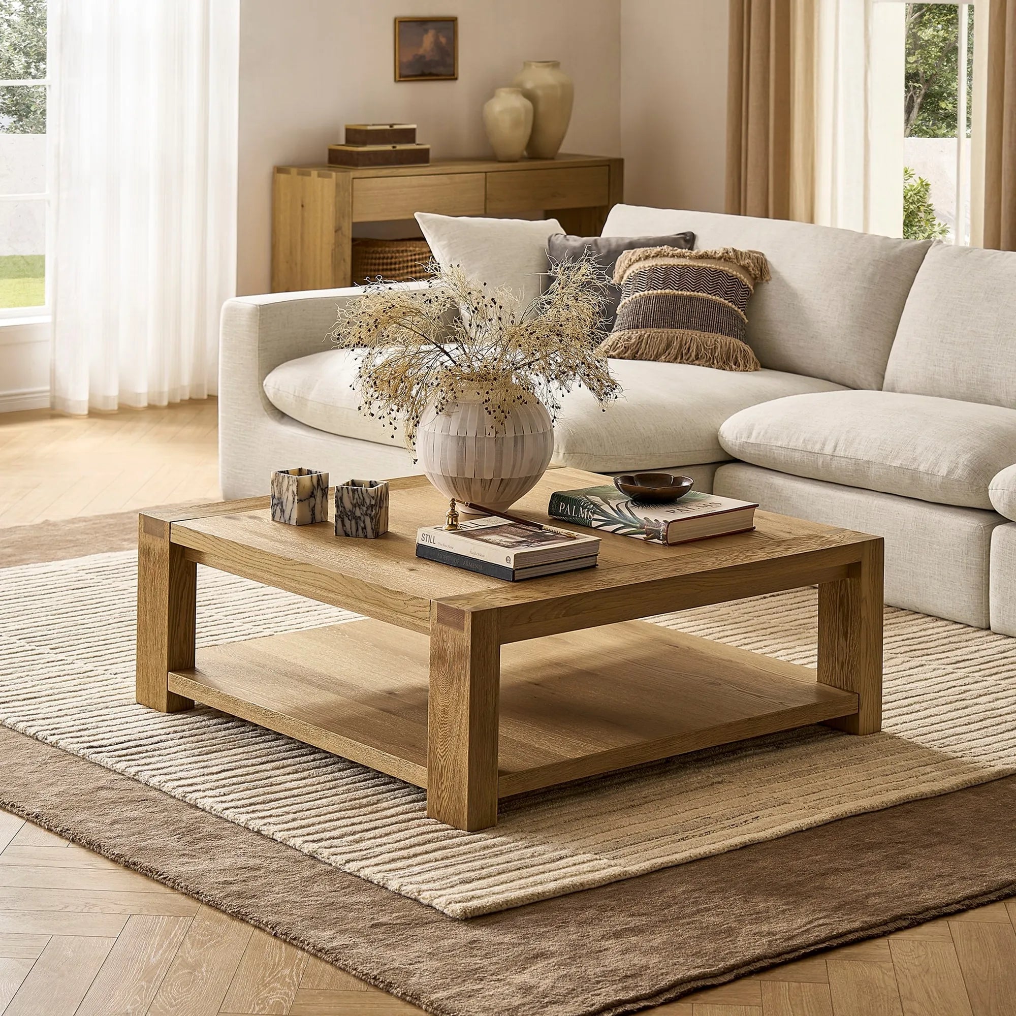 Square modern coffee table with open shelf for storage