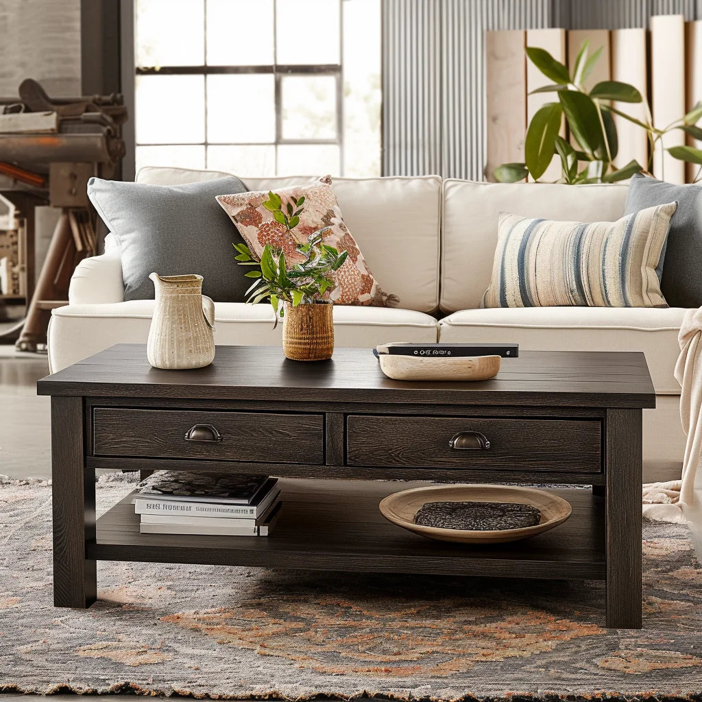 Rustic Wooden Coffee Table Storage Shelf Drawers