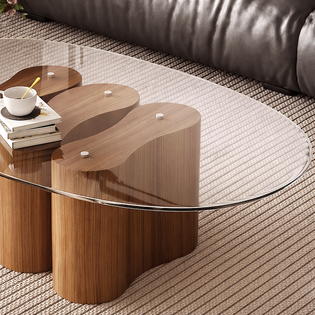 Modern Oval Glass Top Coffee Table With Three Wooden Base Columns For ...