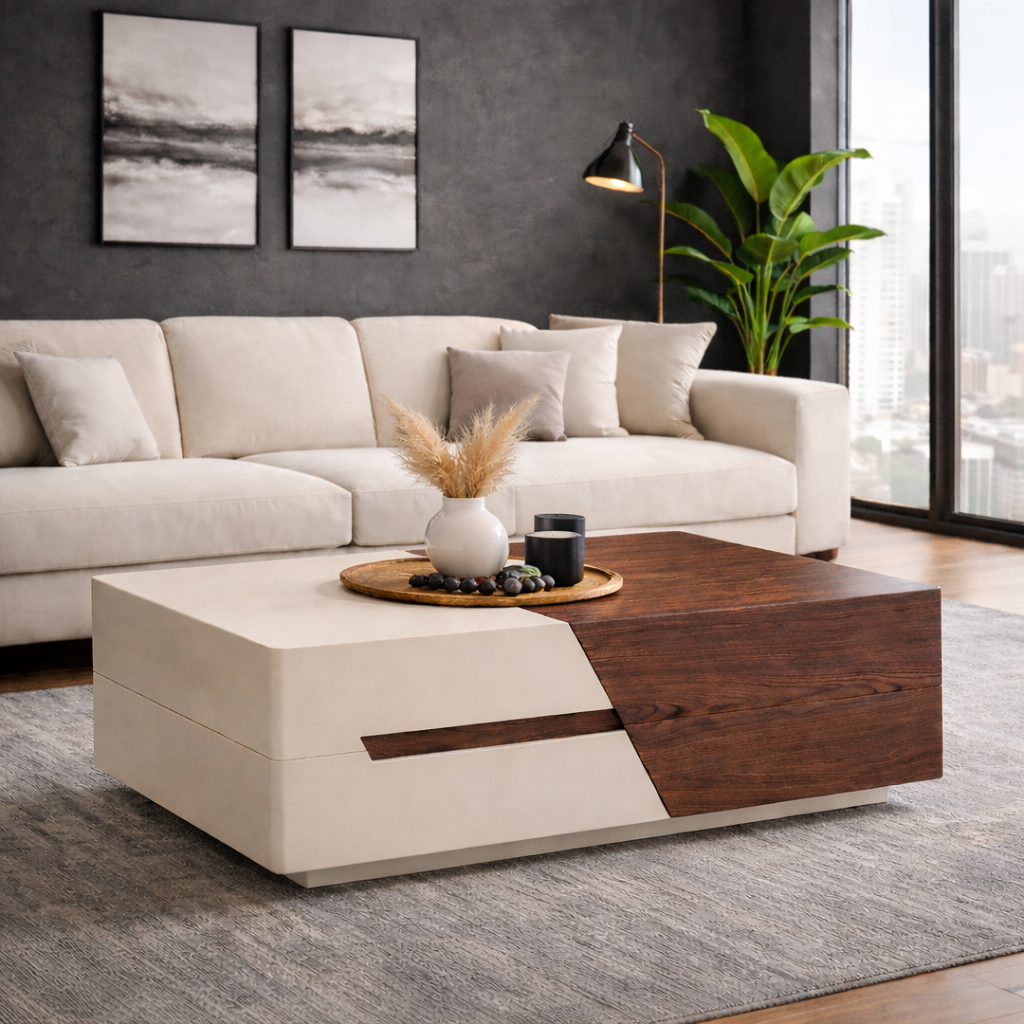 Modern Two-Tone Rectangular Coffee Table With Sliding Top And Hidden S ...