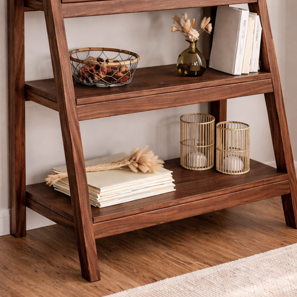 Modern Natural Wood Ladder Style Bookcase With Open Tiered Shelves For ...