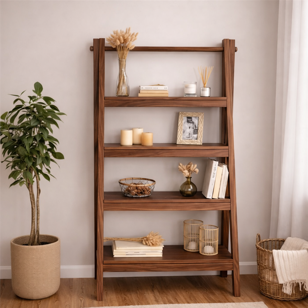Modern Natural Wood Ladder Style Bookcase With Open Tiered Shelves For ...