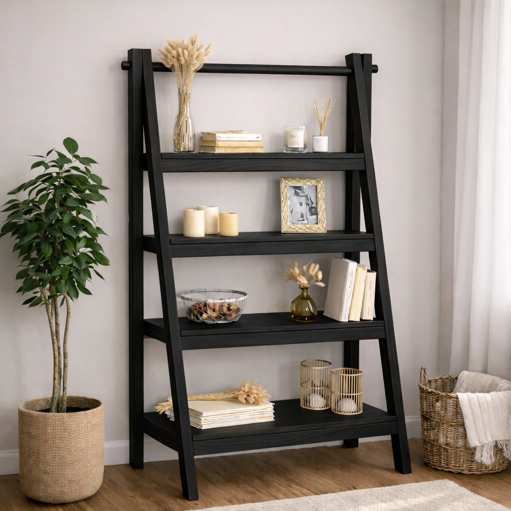 Modern Natural Wood Ladder Style Bookcase With Open Tiered Shelves For ...
