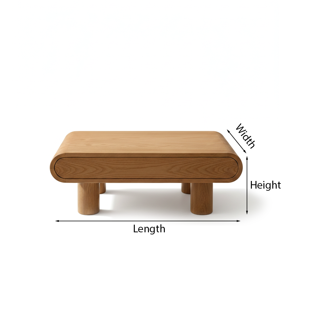 Rounded Natural Wood Coffee Table With Thick Profile Top And Cylindric ...