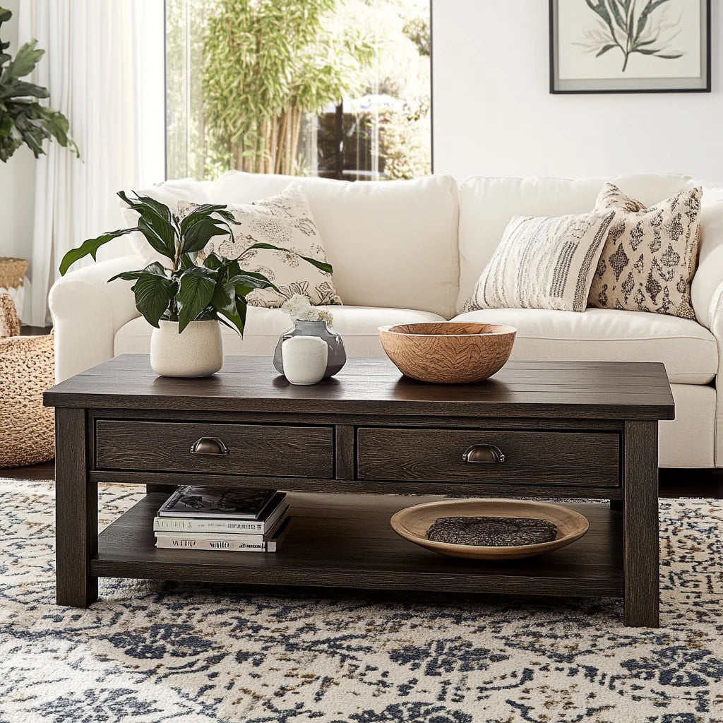 Rustic Wooden Coffee Table Storage Shelf Drawers
