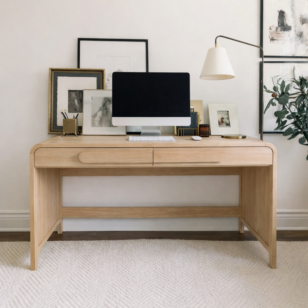 Natural Wood Office Desk With Built In Drawers And Minimal Frame For H ...
