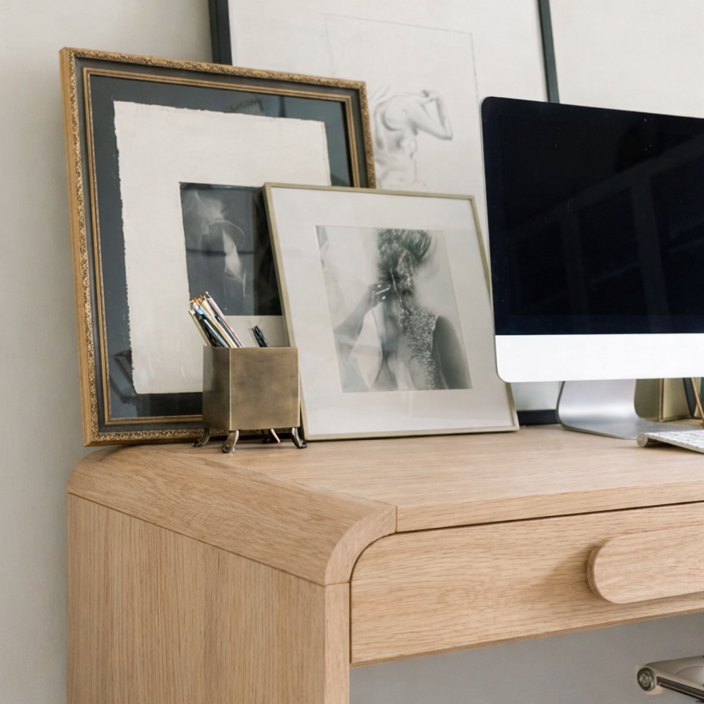 Geno Frame Natural Wood Office Desk With Built In Drawers And Minimal Frame For H ...
