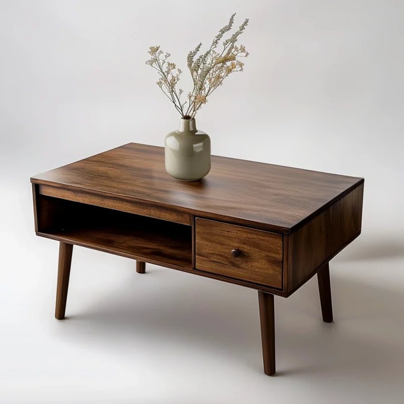 Mid-Century Coffee Table Single Drawer Open Storage Design