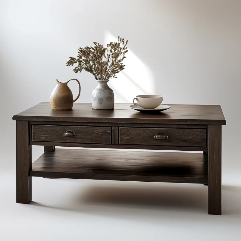 Rustic Wooden Coffee Table Storage Shelf Drawers