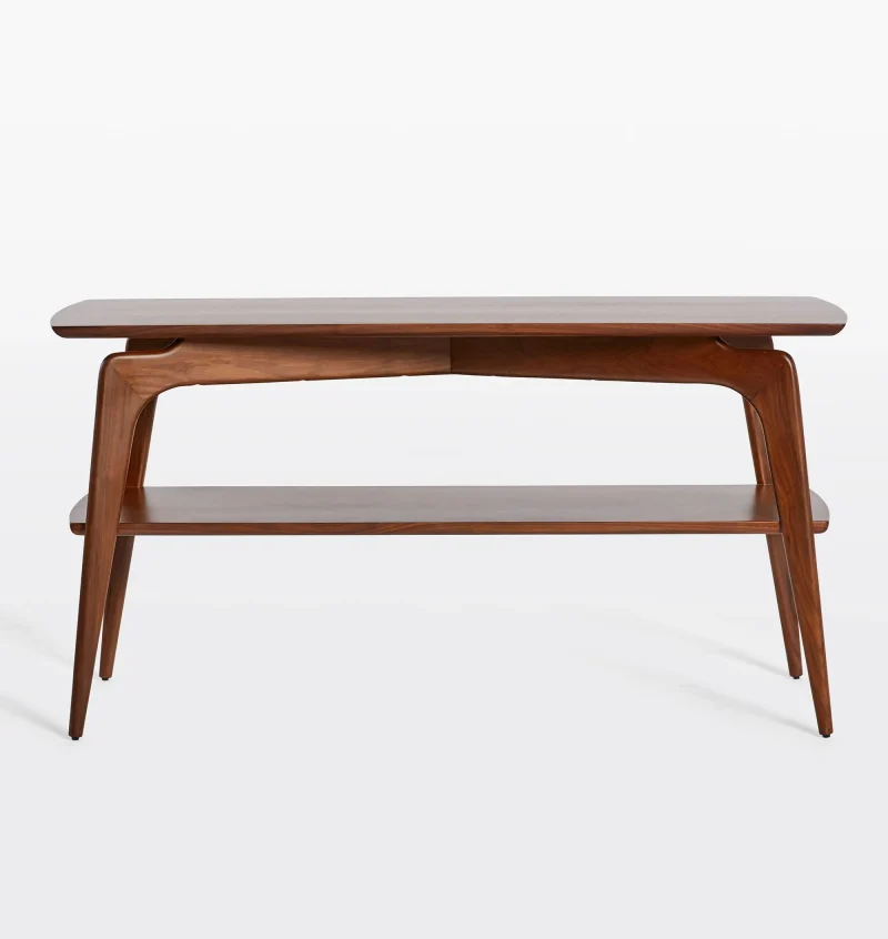 Mid century console table with curved edges, tapered legs, and two spacious shelves.