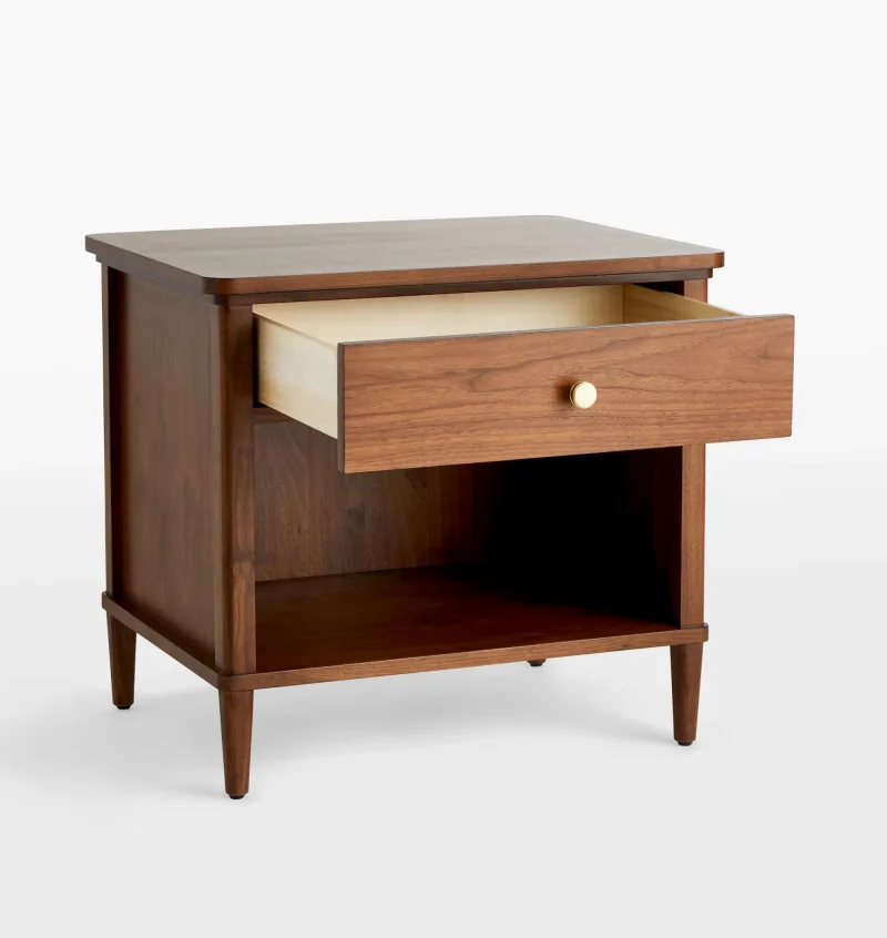 Mid century nightstand with open shelf, single drawer, and brass knob.