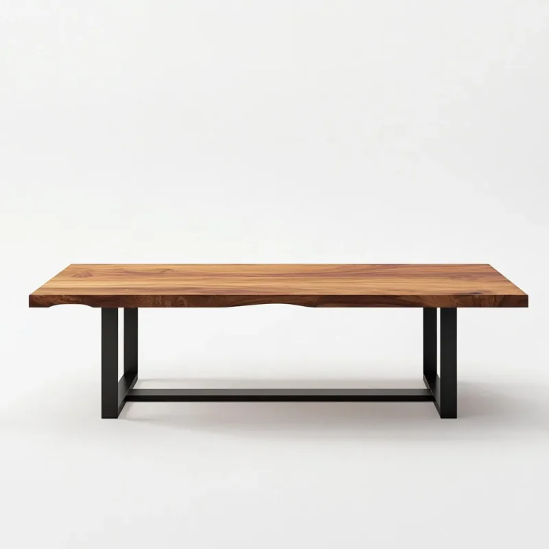 Industrial live edge coffee table with metal base and natural wood top.