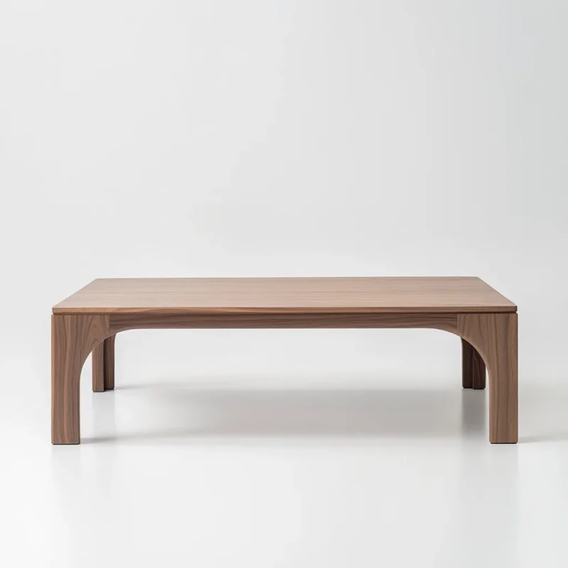 Arched leg coffee table styled in soft living room setting with sculptural presence and clean layout