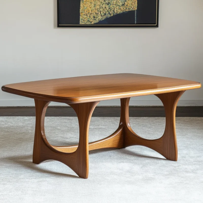Art form coffee table with carved arched legs and modern top in a designer living room