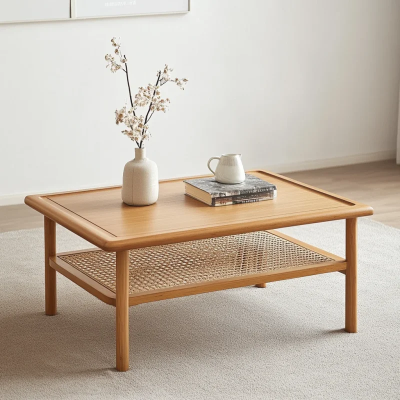 Compact coffee table with storage shelf styled in bright living room