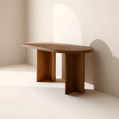 Curved edge desk styled in a serene modern home office with natural light