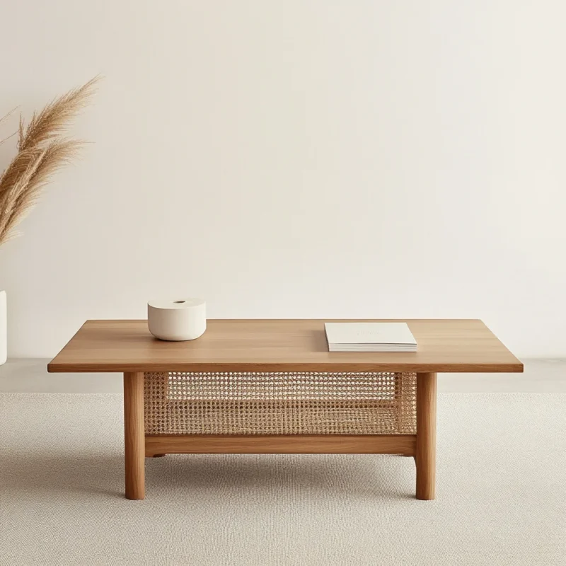 Mid century coffee table with woven shelf placed in cozy living room