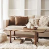 Minimal coffee table with curved silhouette and open lower shelf in a bright living room
