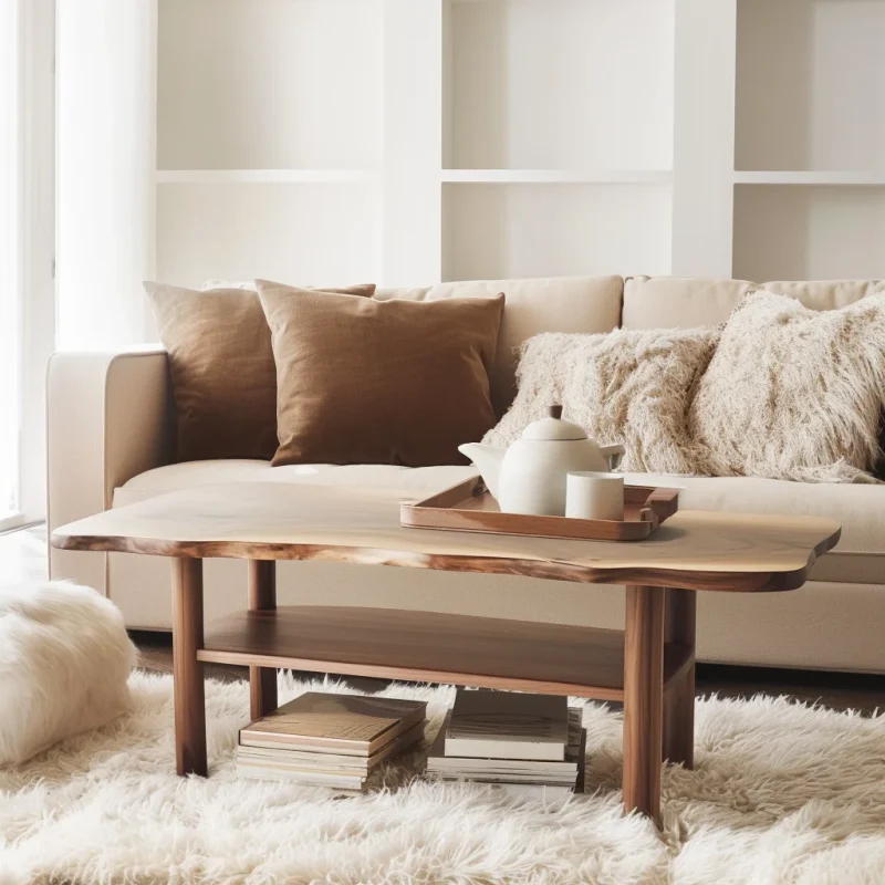 Minimal coffee table with curved silhouette and open lower shelf in a bright living room