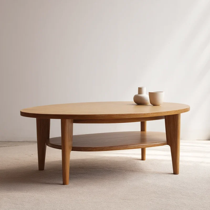 Oval coffee table with shelf styled in a bright neutral-toned living room