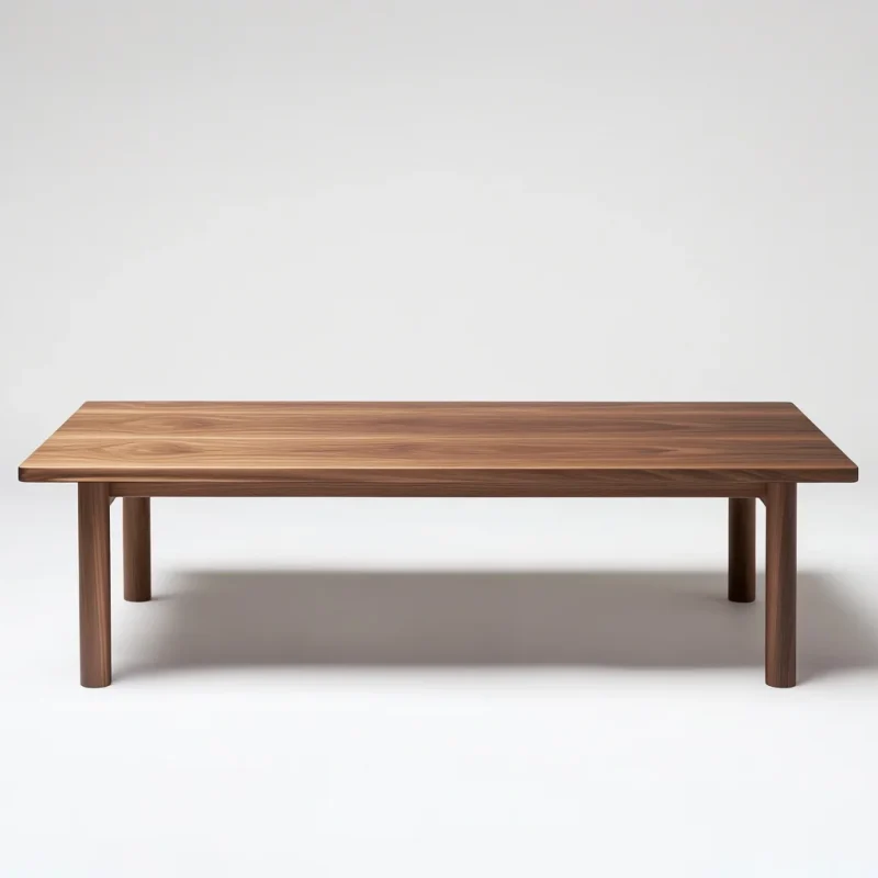 Refined coffee table with smooth edges and minimalist design in a dark blue modern living room
