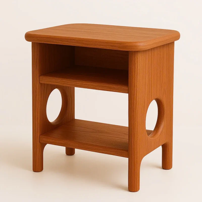 Rounded nightstand with open shelving and sculptural cutout legs in a cozy bedroom corner