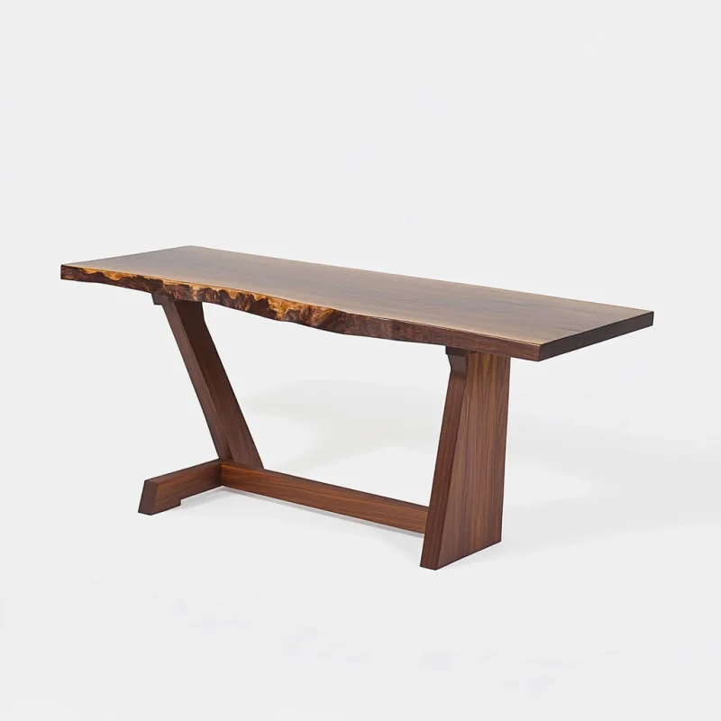Live edge console table with angled legs styled in a sunlit modern living room