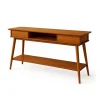 Retro Console Table with open shelves and drawers styled in a modern hallway