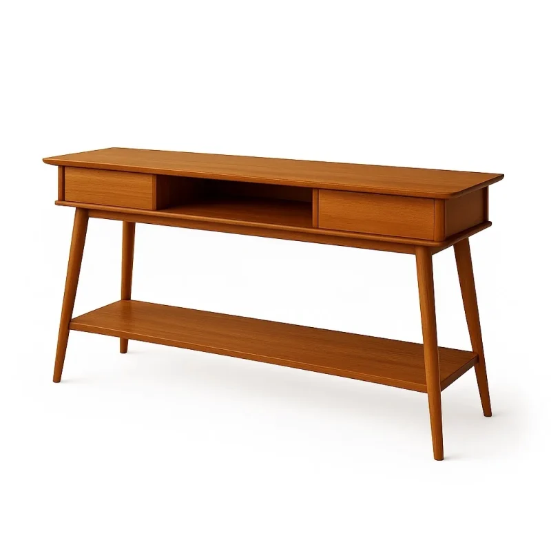 Retro Console Table with open shelves and drawers styled in a modern hallway